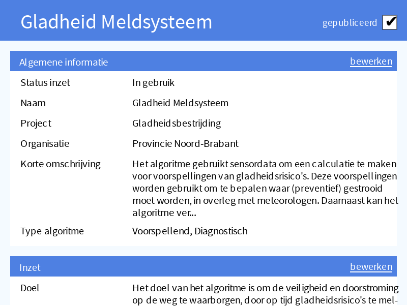 Screenshot: Algoritmeregistratie op basis van nationale standaard en extra velden